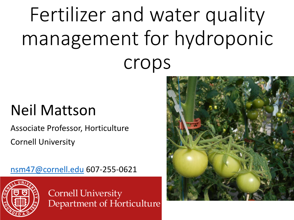 Fertilizer and Water Quality Management for Hydroponic Crops