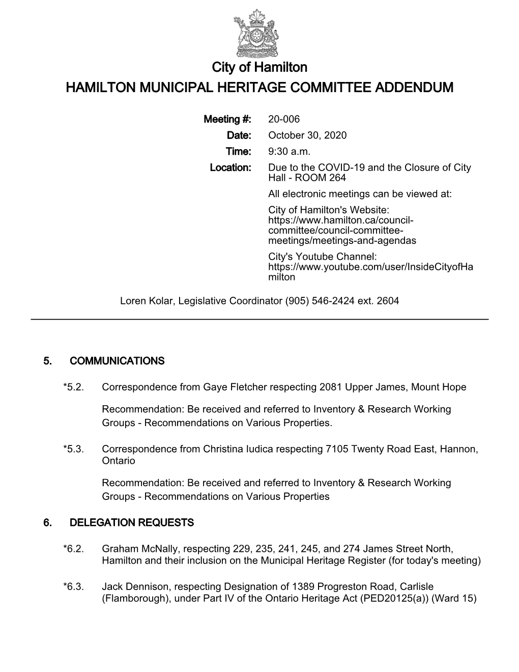 Hamilton Municipal Heritage Committee Agenda Package