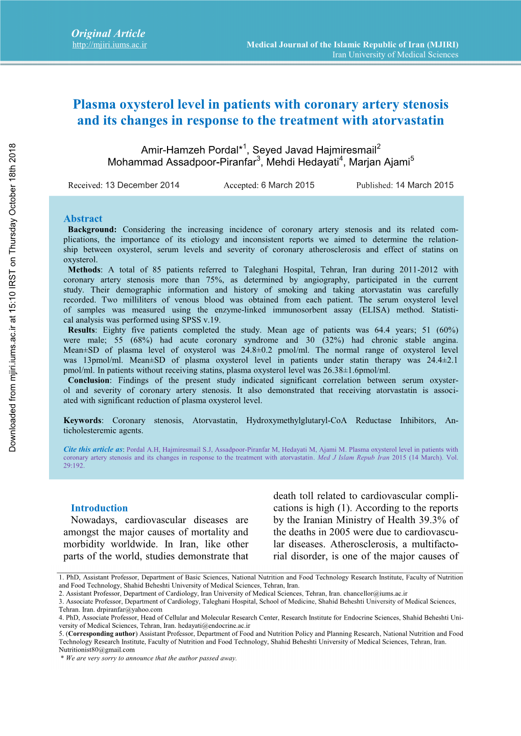 Plasma Oxysterol Level in Patients with Coronary Artery Stenosis and Its Changes in Response to the Treatment with Atorvastatin