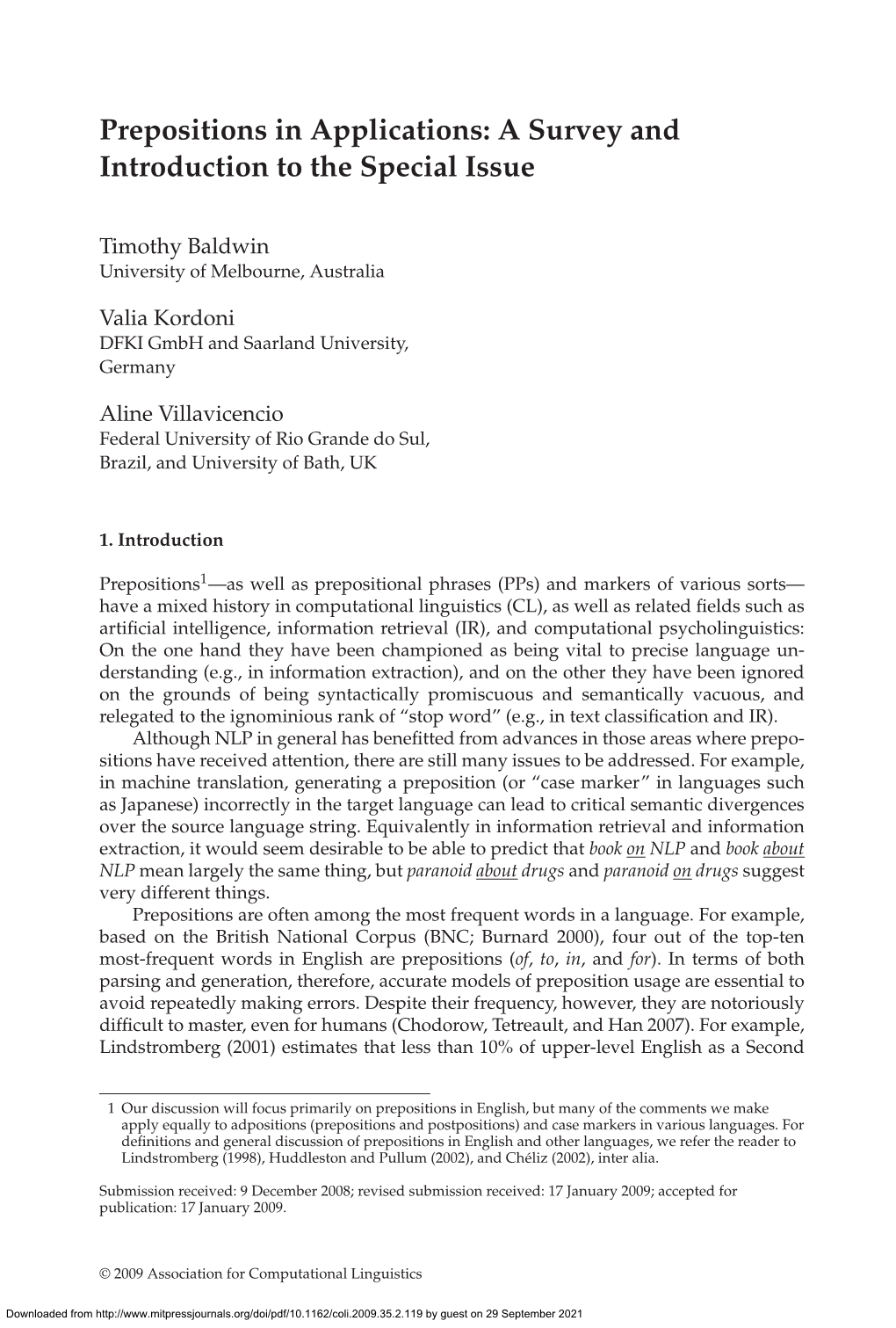 Prepositions in Applications: a Survey and Introduction to the Special Issue