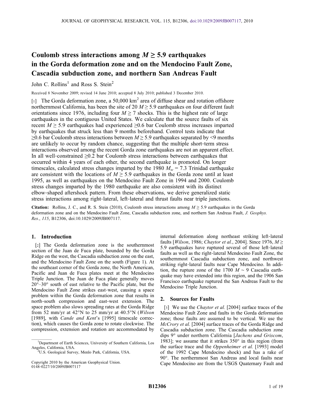 Coulomb Stress Interactions Among M 5.9 Earthquakes in the Gorda