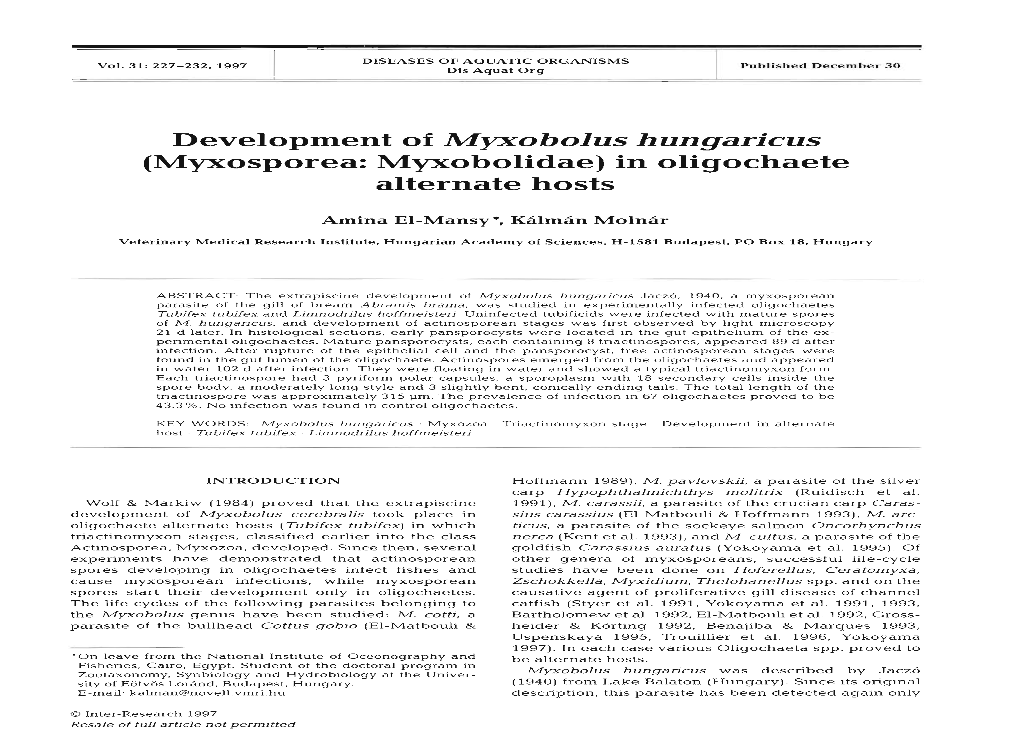 Development of Myxobolus Hungaricus (Myxosporea: Myxobolidae) in Oligochaete Alternate Hosts