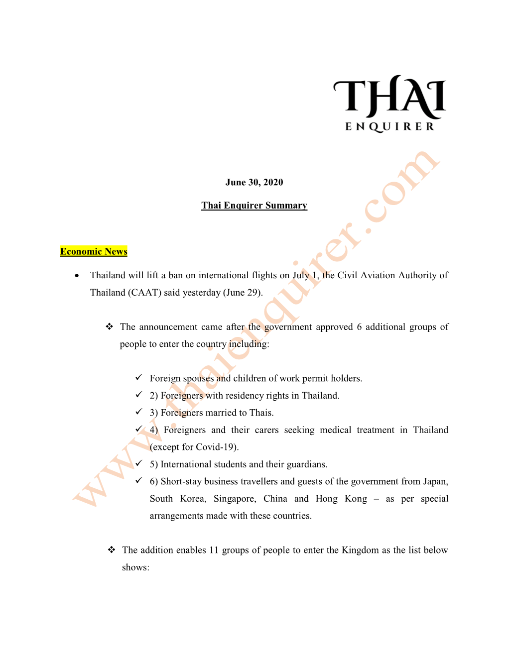 June 30, 2020 Thai Enquirer Summary Economic News