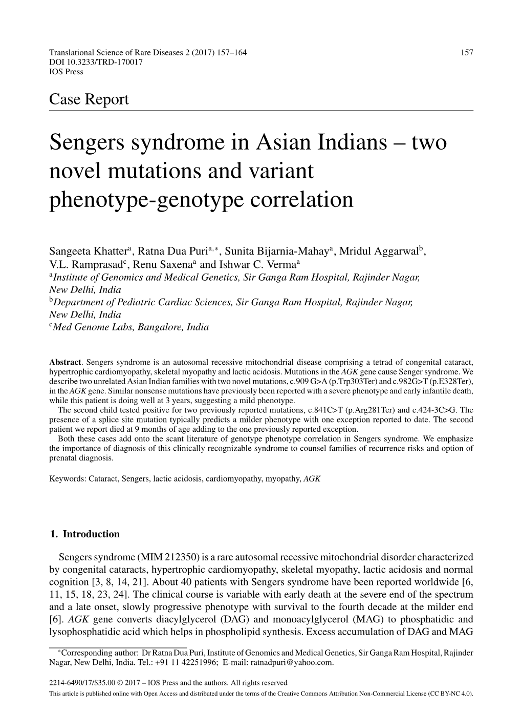 Sengers Syndrome in Asian Indians – Two Novel Mutations and Variant Phenotype-Genotype Correlation