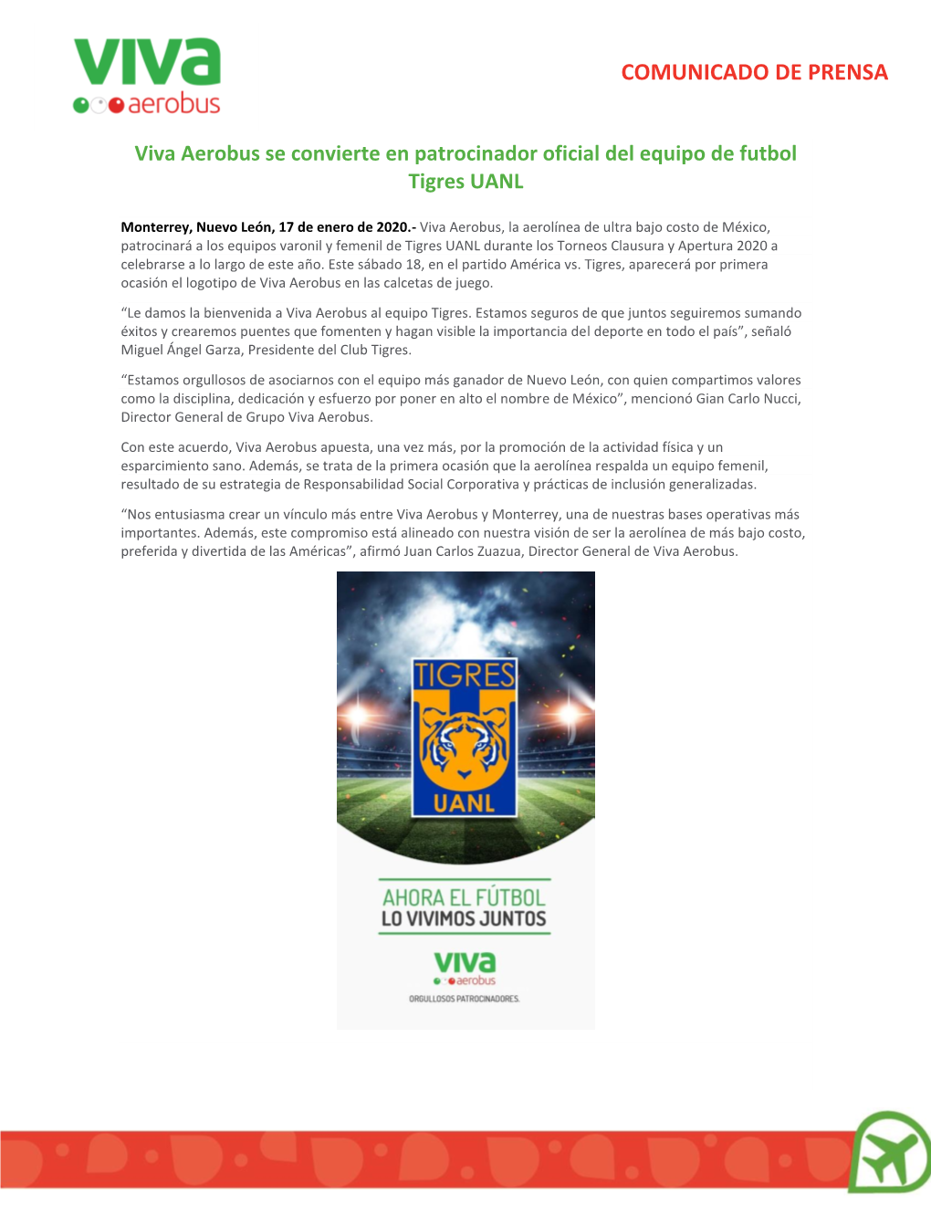 COMUNICADO DE PRENSA Viva Aerobus Se Convierte En Patrocinador Oficial Del Equipo De Futbol Tigres UANL