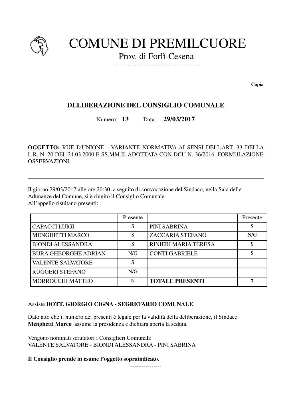 Deliberazione Del Consiglio Comunale N. 13 Del 29-03-2017