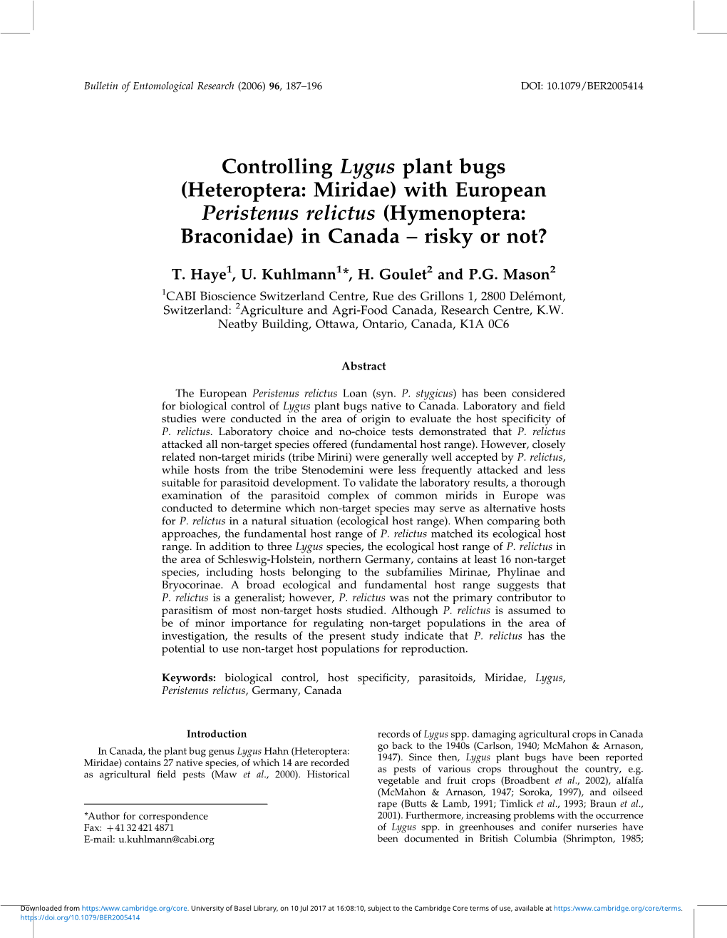 Controlling Lygus Plant Bugs (Heteroptera: Miridae) with European Peristenus Relictus (Hymenoptera: Braconidae) in Canada – Risky Or Not?