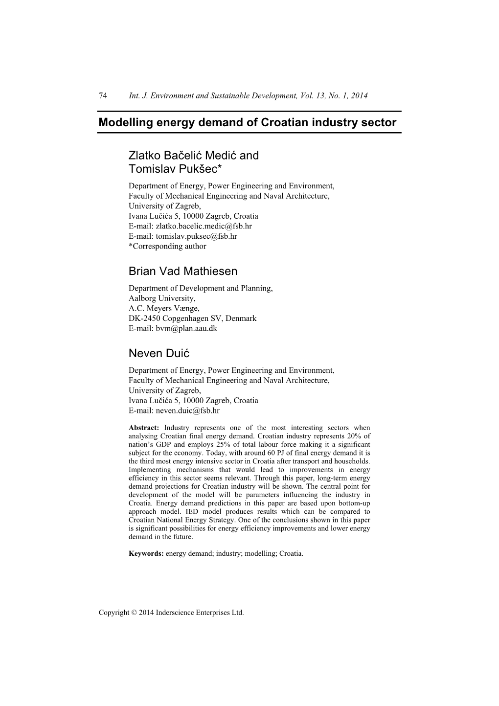 Modelling Energy Demand of Croatian Industry Sector Zlatko Bačelić Medić