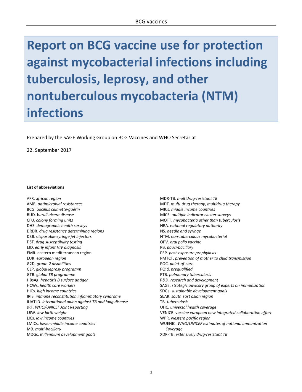 WHO Report on BCG Vaccine Use for Protection Against Mycobacterial