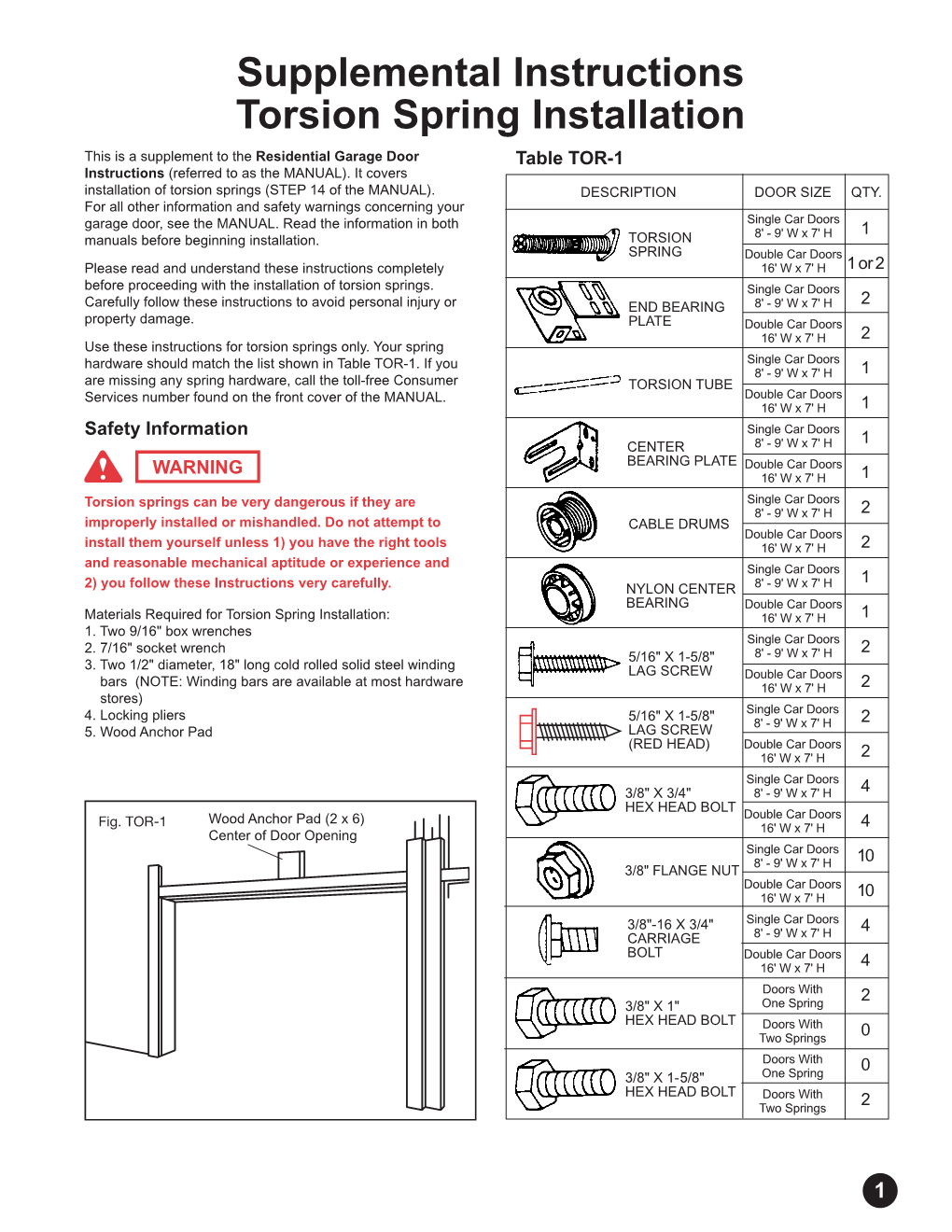 Supplemental Instructions Torsion Spring Installation This Is a Supplement to the Residential Garage Door Table TOR-1 Instructions (Referred to As the MANUAL)