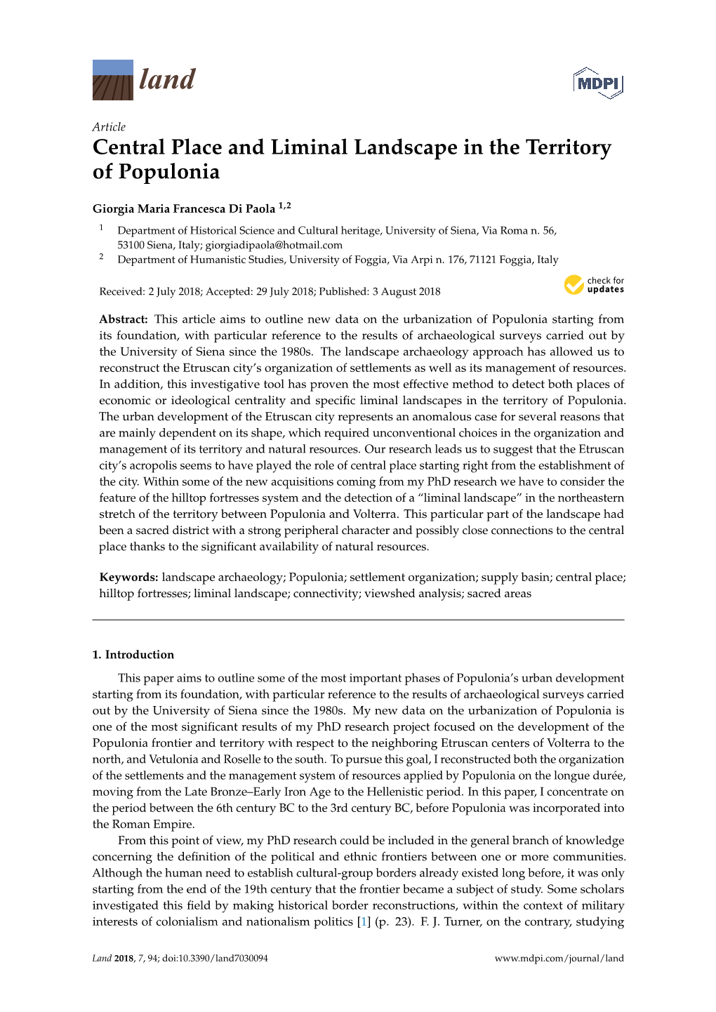 Central Place and Liminal Landscape in the Territory of Populonia