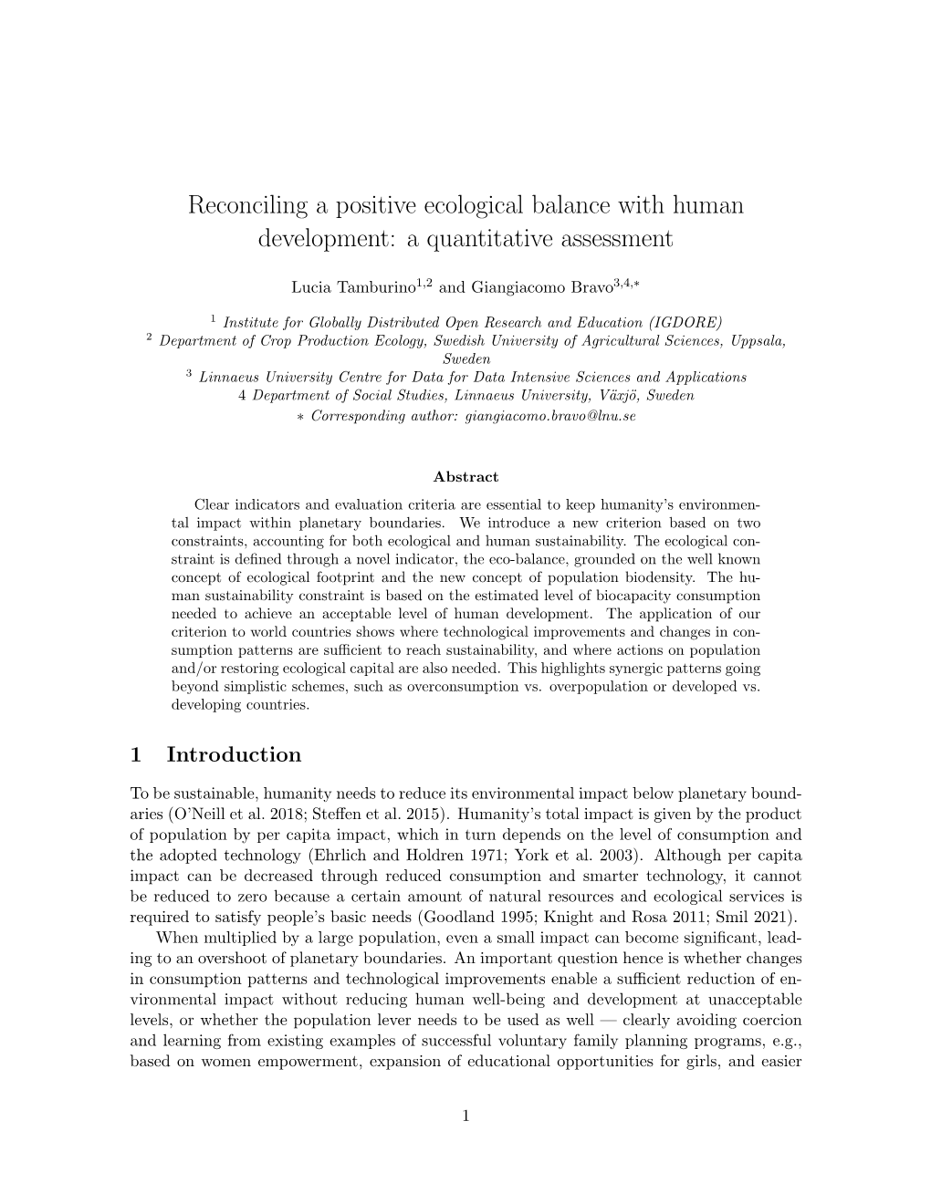 Reconciling a Positive Ecological Balance with Human Development: a Quantitative Assessment