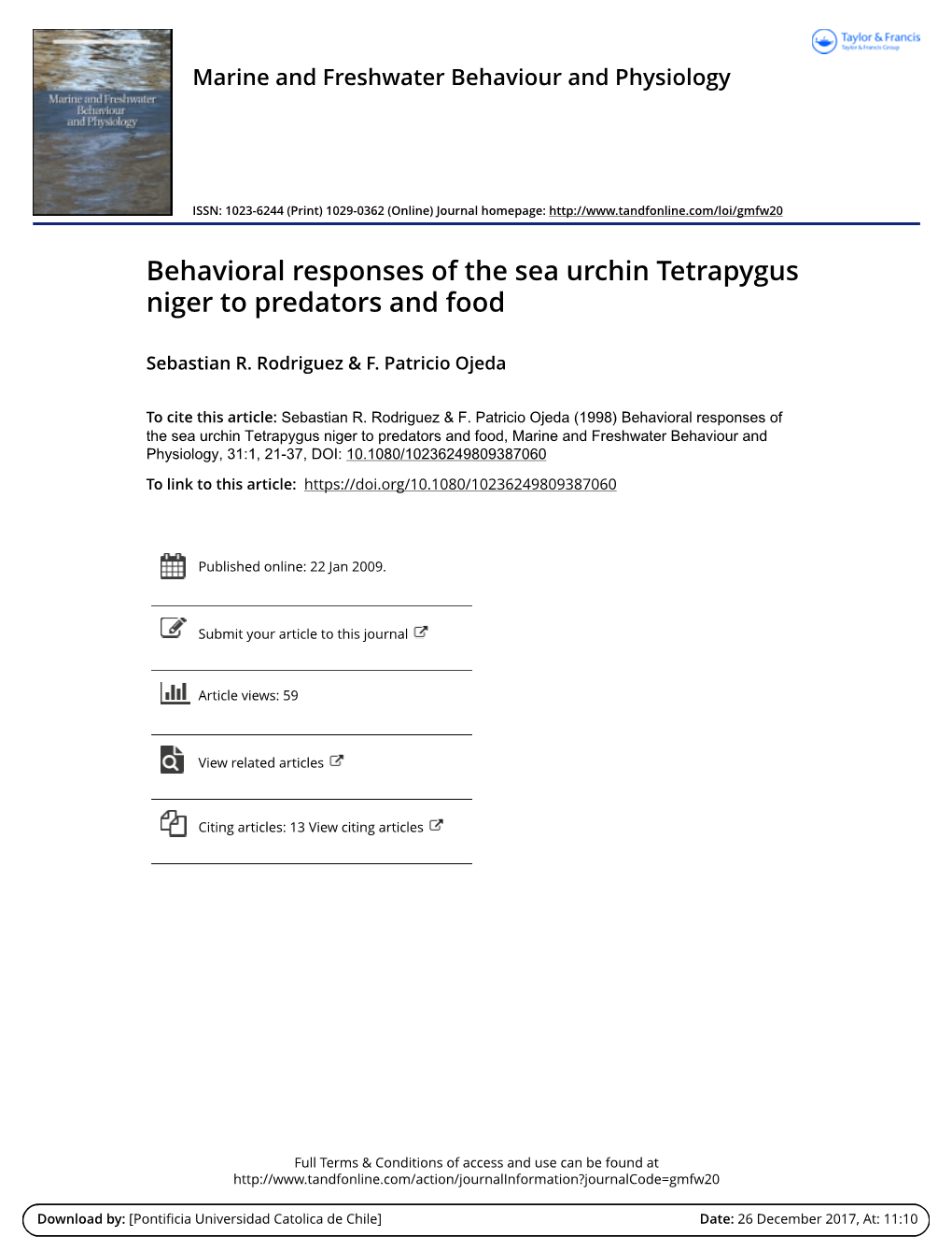 Behavioral Responses of the Sea Urchin Tetrapygus Niger to Predators and Food