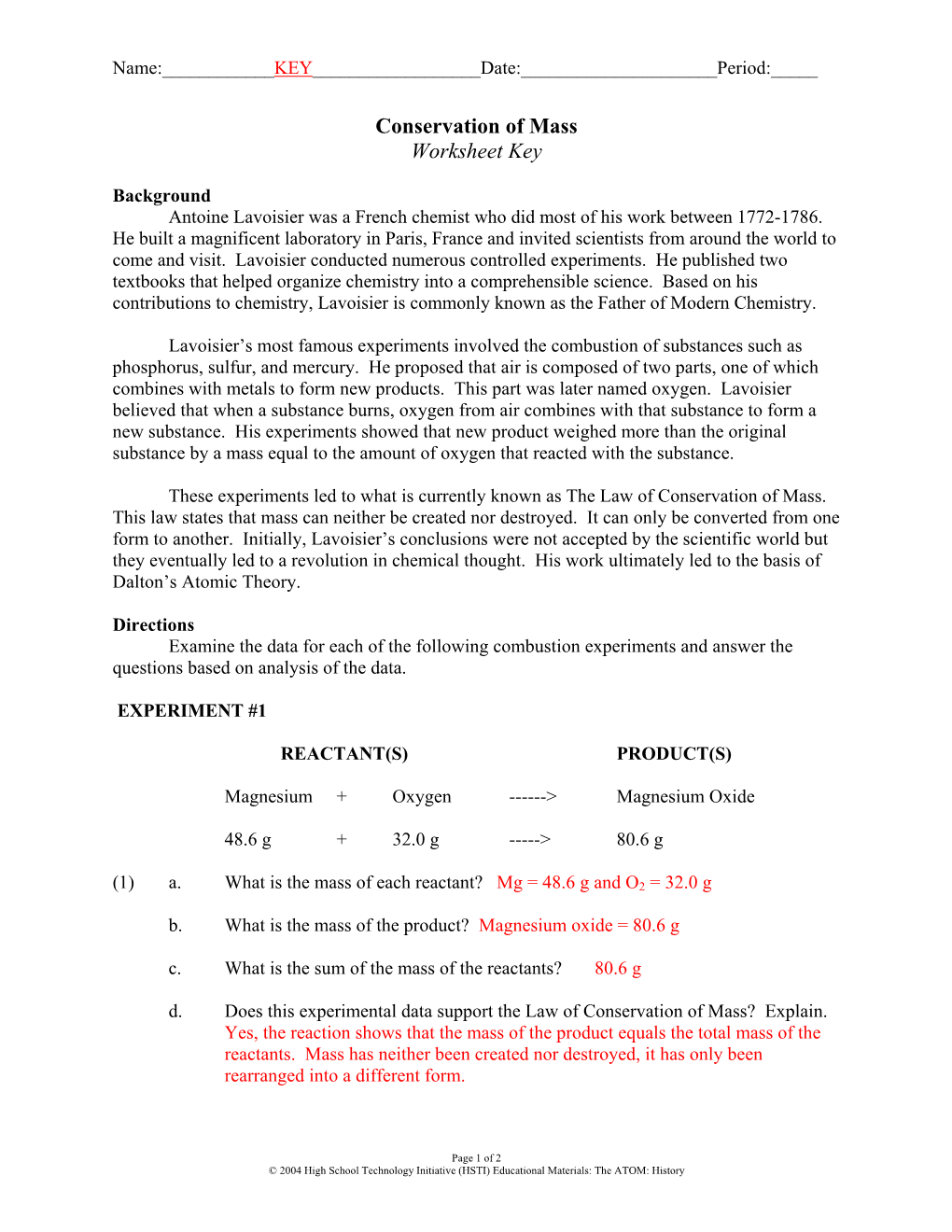 Conservation of Mass Worksheet Key