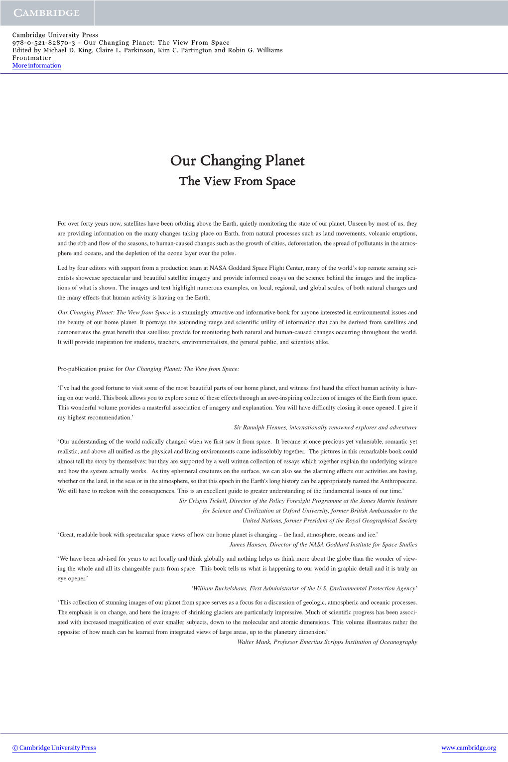 Our Changing Planet: the View from Space Edited by Michael D