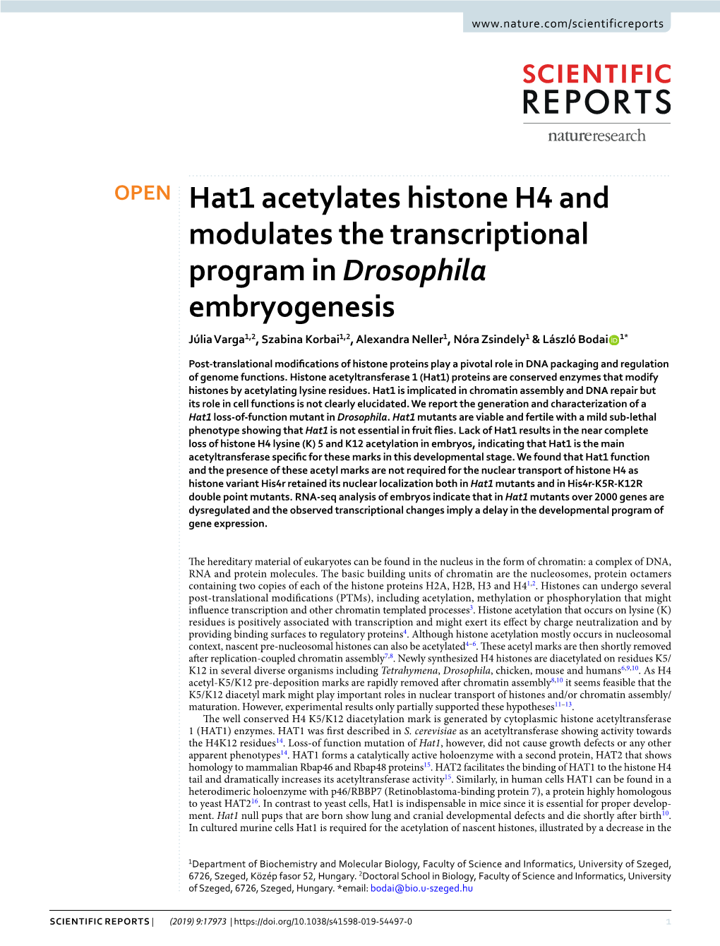 Hat1 Acetylates Histone H4 and Modulates the Transcriptional