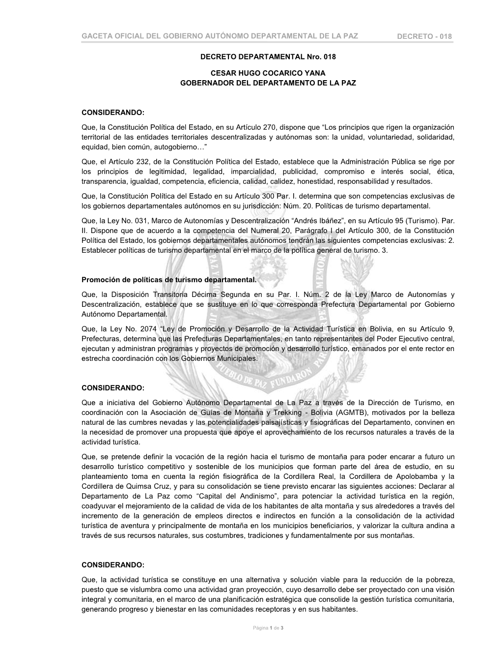 Gaceta Oficial Del Gobierno Autónomo Departamental De La Paz Decreto - 018