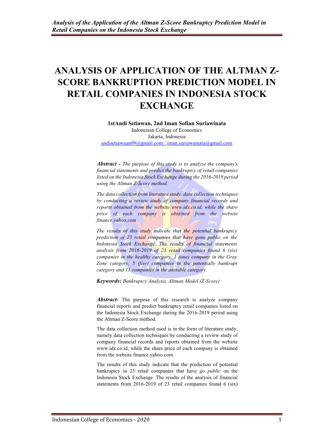 Score Bankruption Prediction Model in Retail Companies in Indonesia Stock Exchange