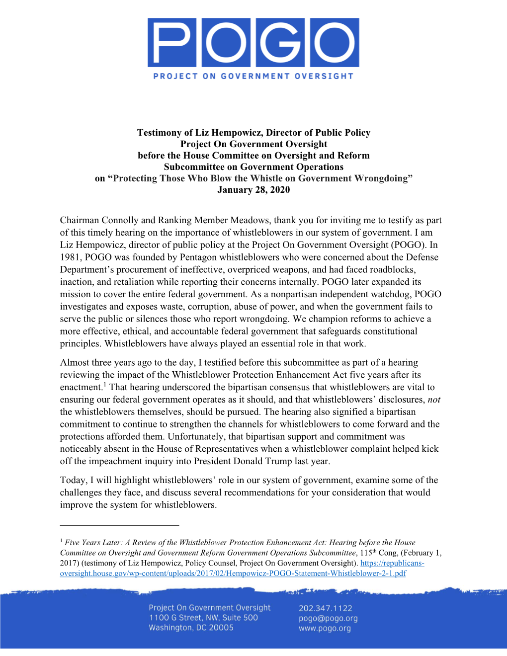 Testimony of Liz Hempowicz, Director of Public Policy Project on Government Oversight Before the House Committee on Oversight An