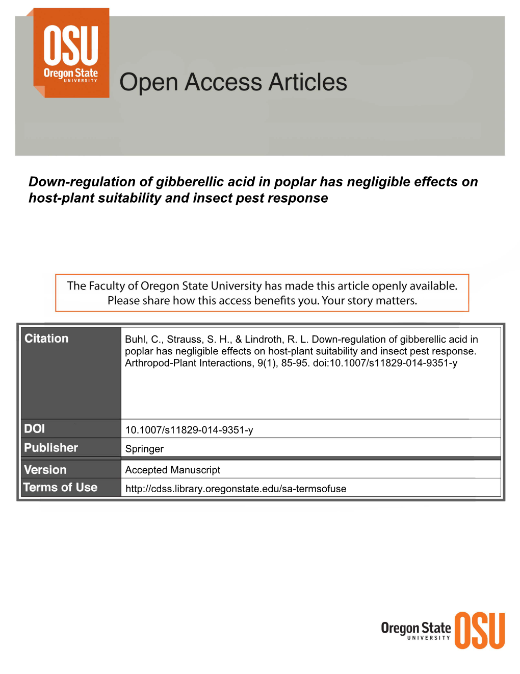 Down-Regulation of Gibberellic Acid in Poplar Has Negligible Effects on Host-Plant Suitability and Insect Pest Response