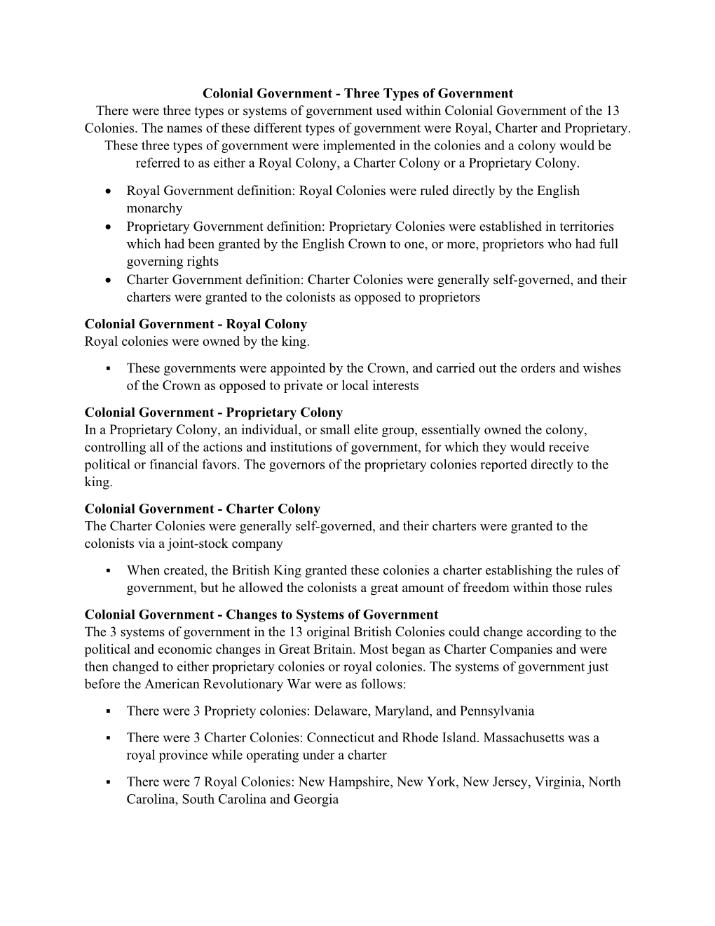 Colonial Government - Three Types of Government There Were Three Types Or Systems of Government Used Within Colonial Government of the 13 Colonies