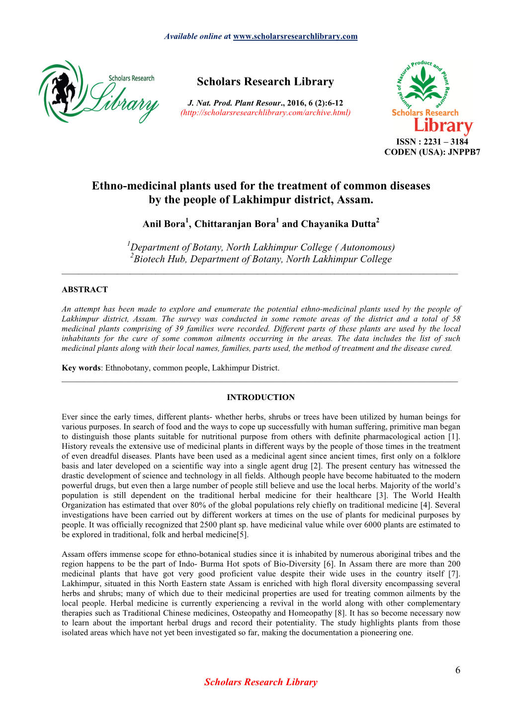 Scholars Research Library Ethno-Medicinal Plants Used for The