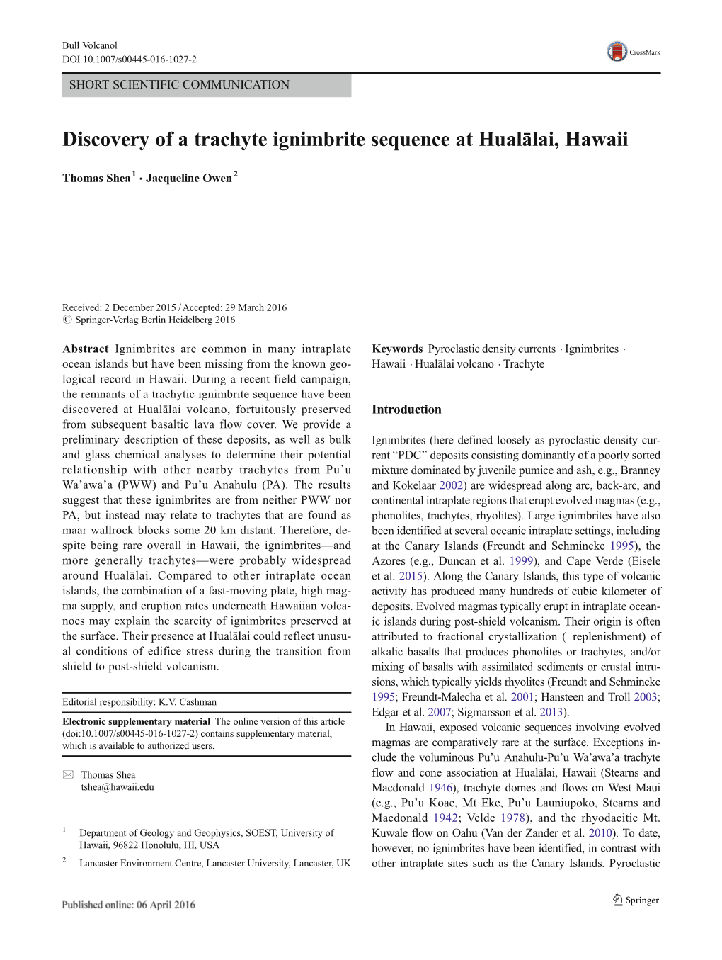 Discovery of a Trachyte Ignimbrite Sequence at Hualālai, Hawaii