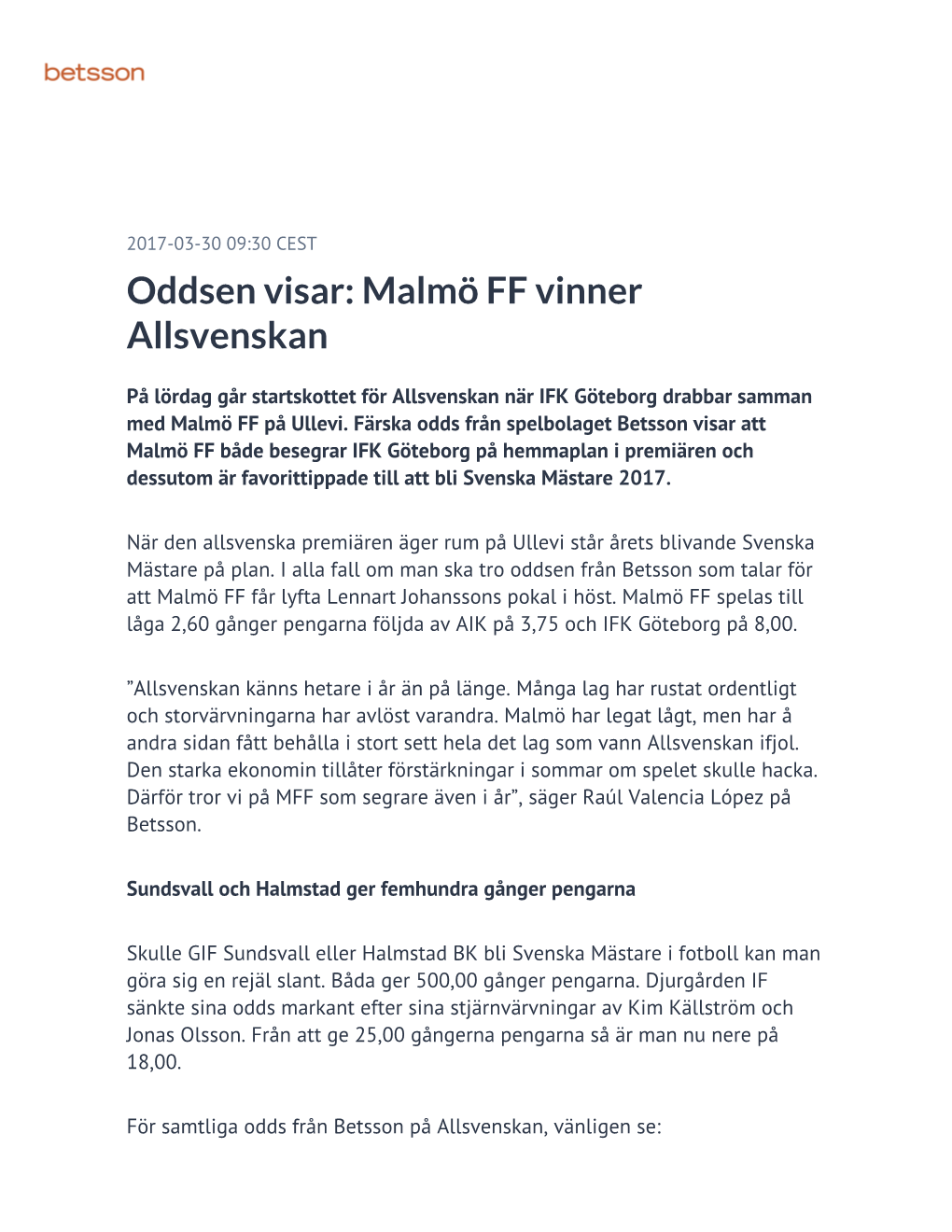 Oddsen Visar: Malmö FF Vinner Allsvenskan