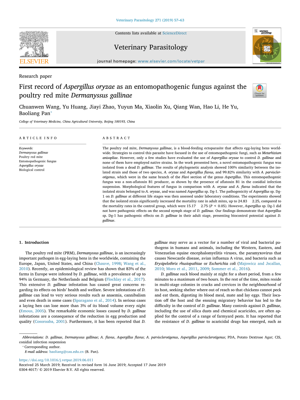 First Record of Aspergillus Oryzae As an Entomopathogenic Fungus Against the Poultry Red Mite Dermanyssus Gallinae T