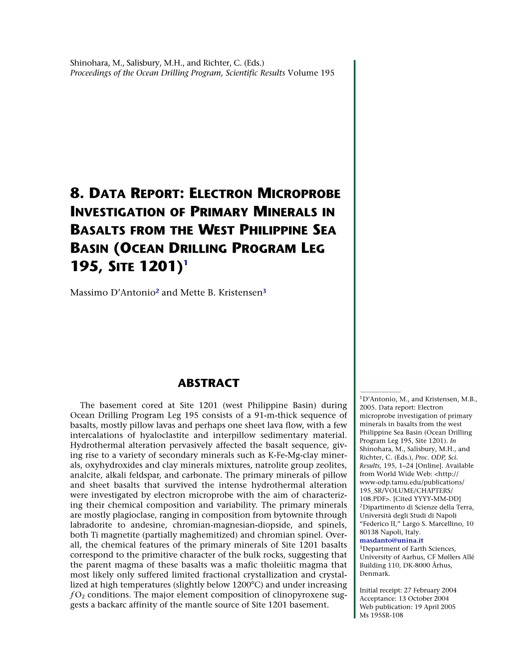 Electron Microprobe Investigation of Primary Minerals in Basalts from the West Philippine Sea Basin (Ocean Drilling Program Leg 195, Site 1201)1