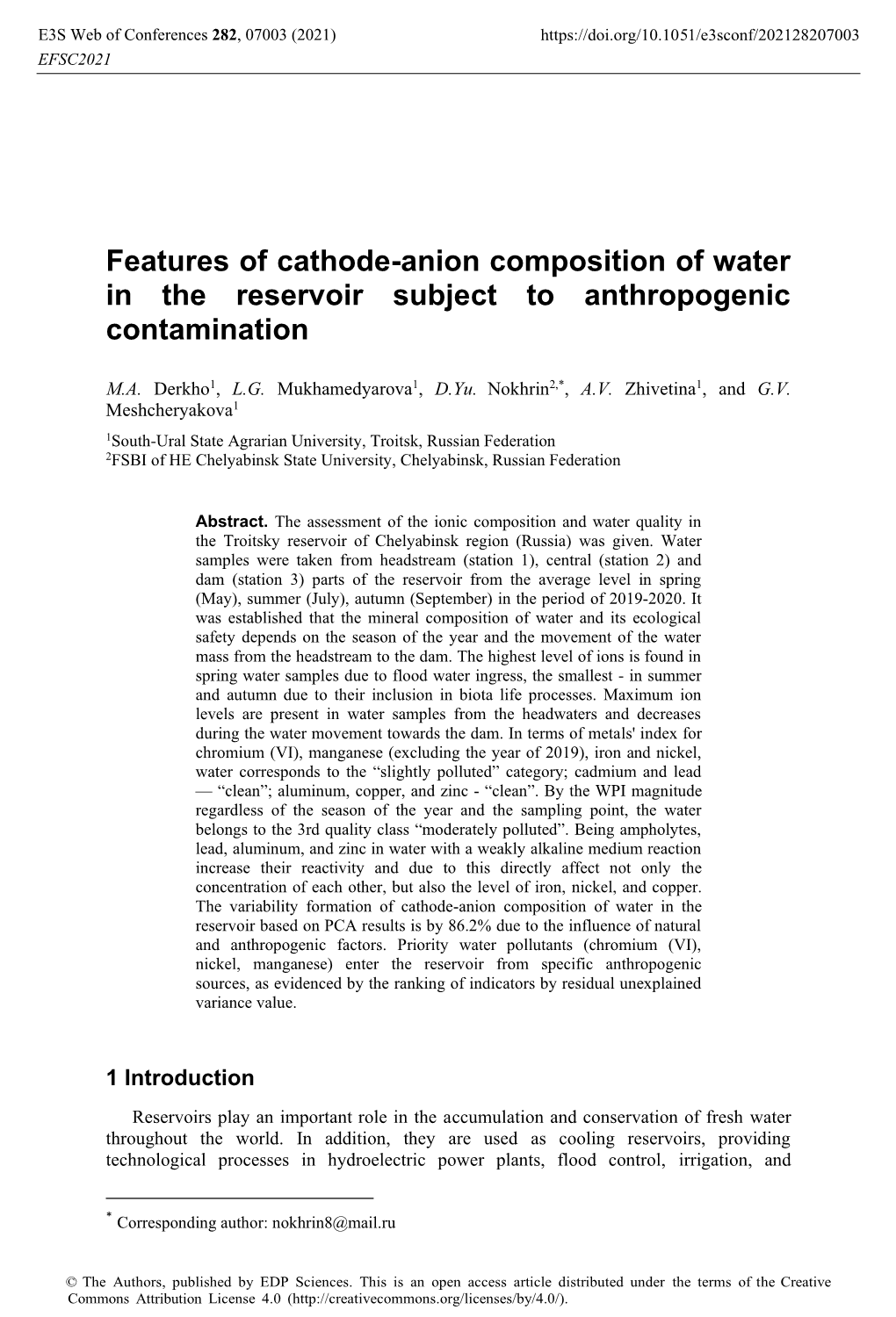 Features of Cathode-Anion Composition of Water in the Reservoir Subject to Anthropogenic Contamination