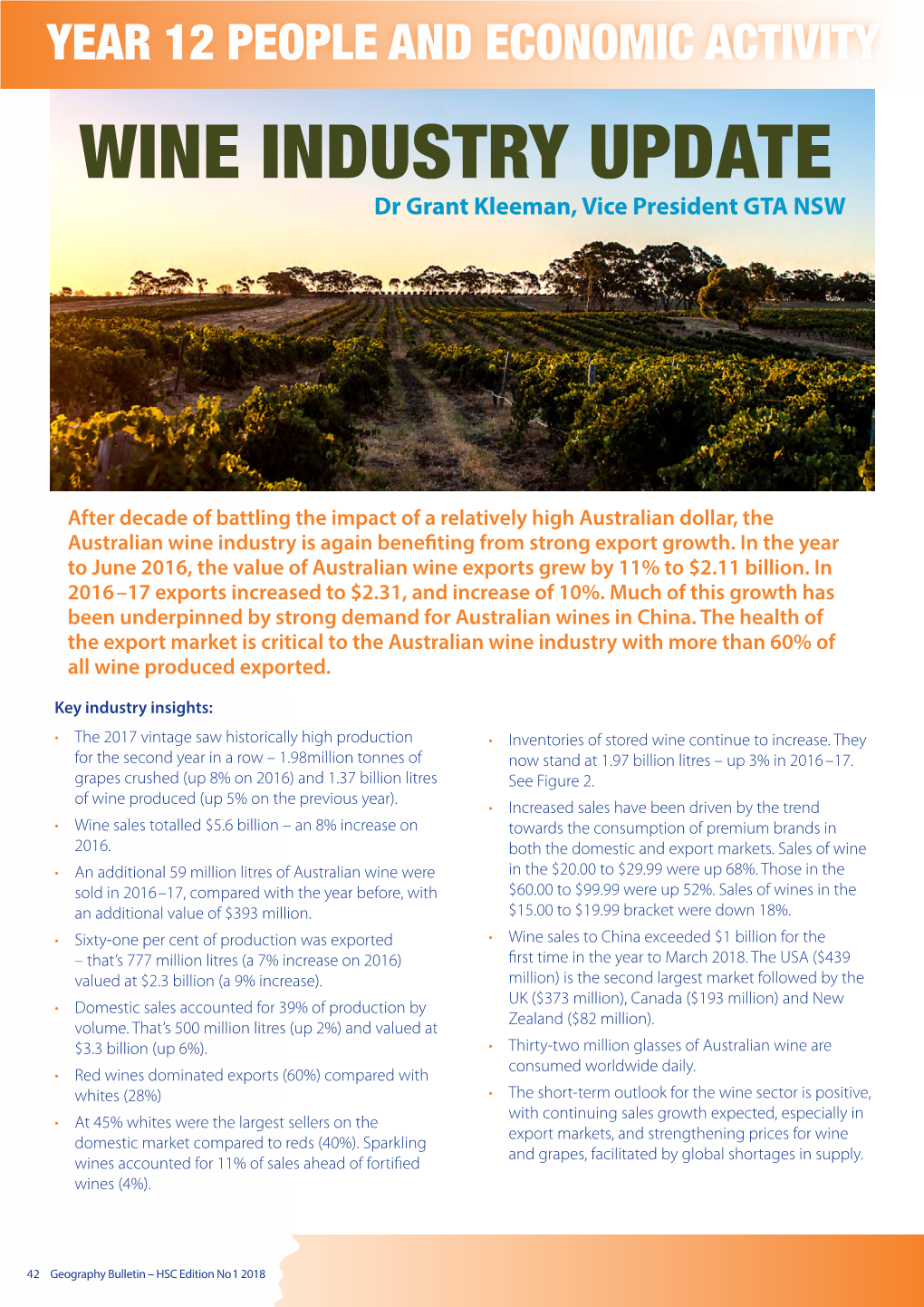 WINE INDUSTRY UPDATE Dr Grant Kleeman, Vice President GTA NSW