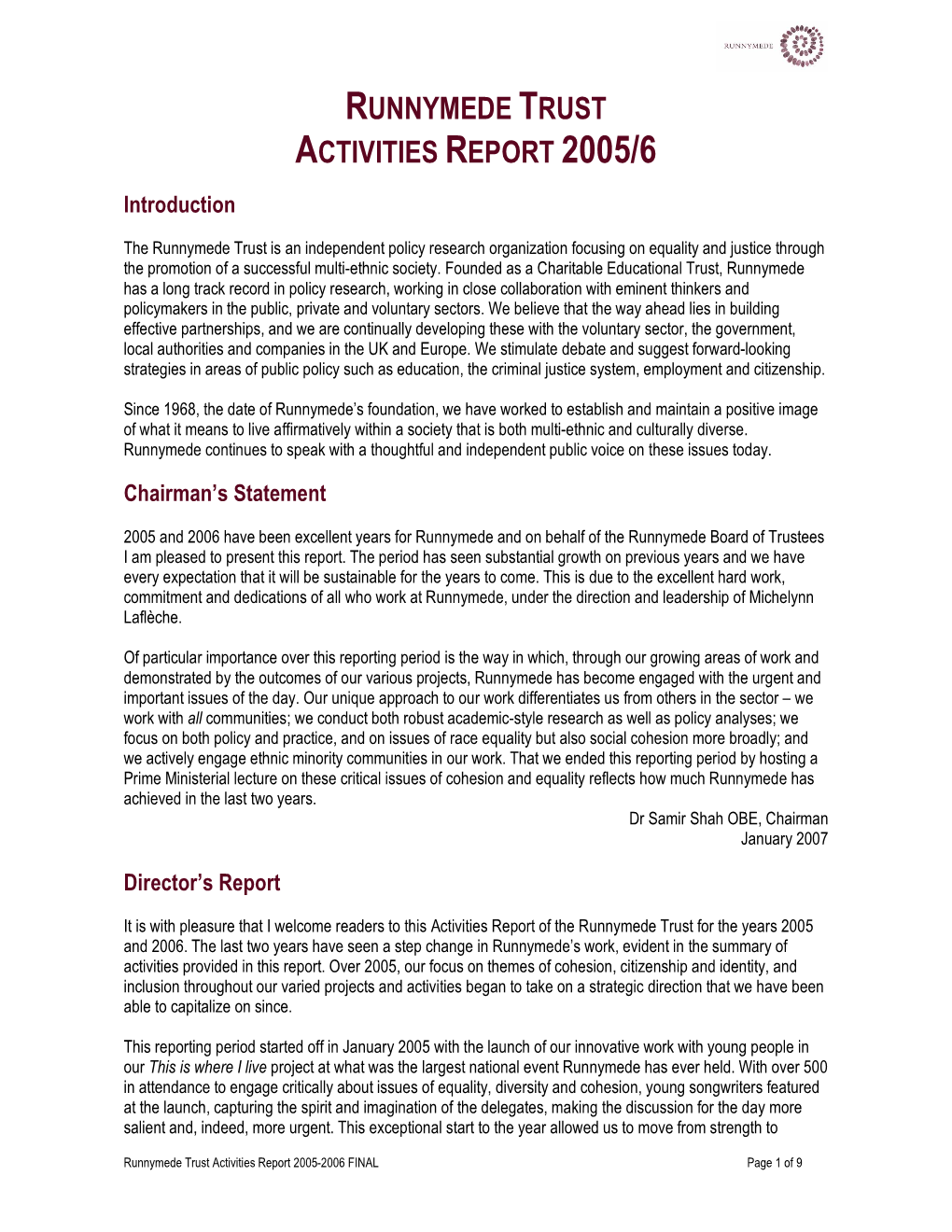 Runnymede Trust Activities Report 2005-2006 FINAL Page 1 of 9