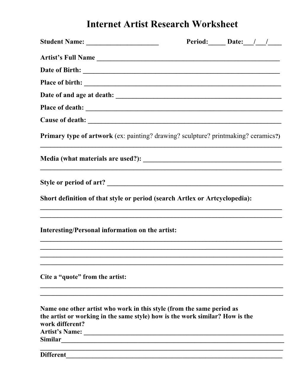 Internet Artist Research Worksheet