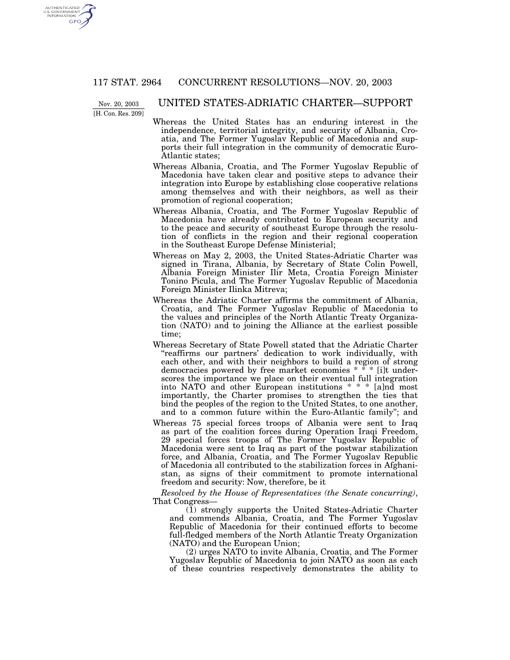 United States-Adriatic Charter—Support [H