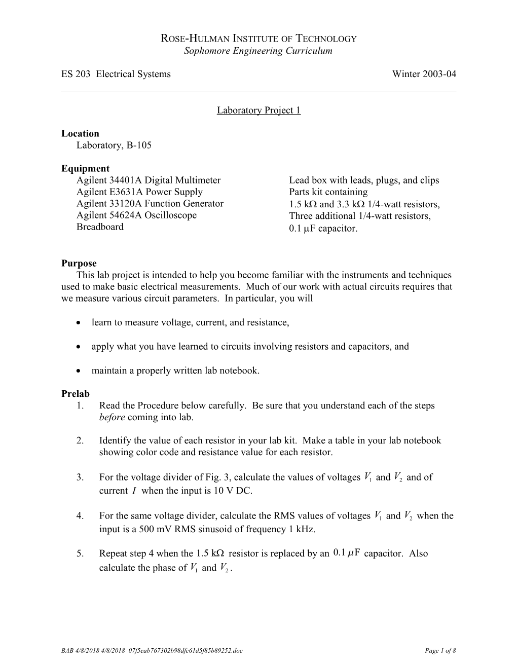 ES 203 Electrical Systems Winter 2003-04