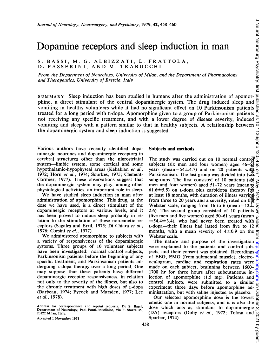 Dopamine Receptors and Sleep Induction in Man