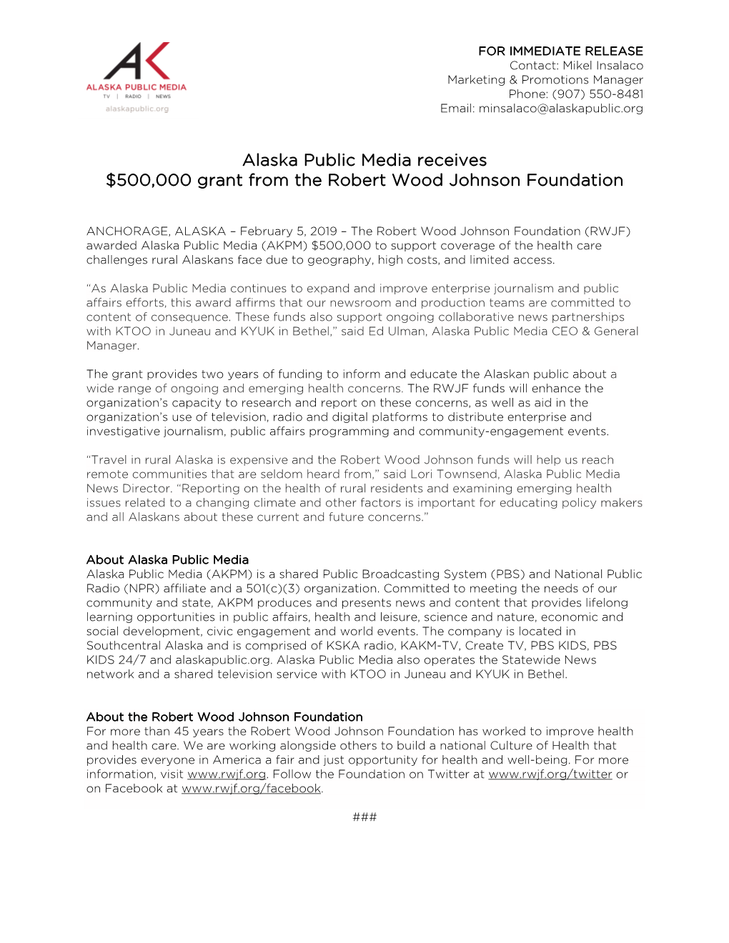 Alaska Public Media Receives $500,000 Grant from the Robert Wood Johnson Foundation
