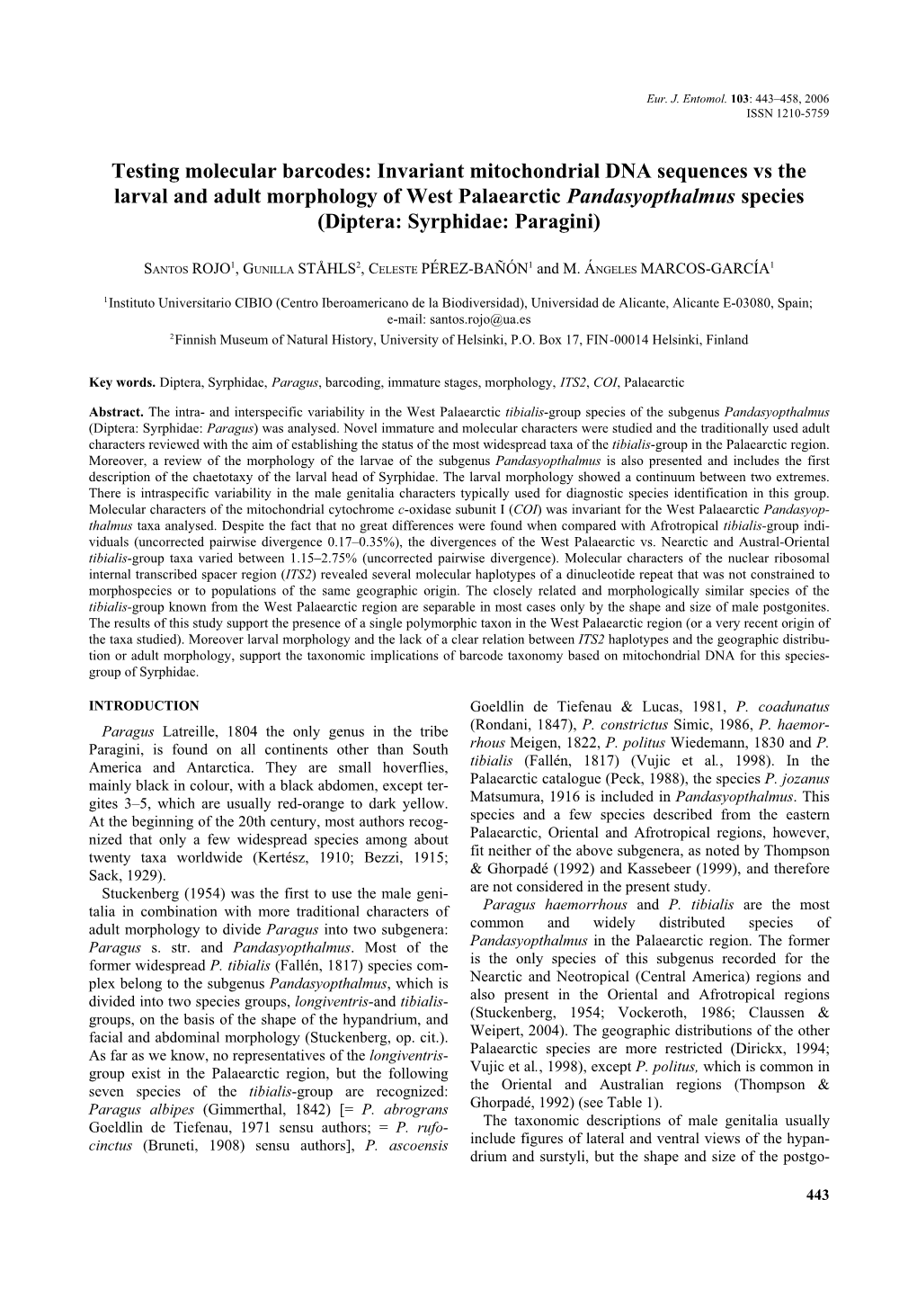 Testing Molecular Barcodes: Invariant Mitochondrial DNA Sequences Vs the Larval and Adult Morphology of West Palaearctic Pandasy