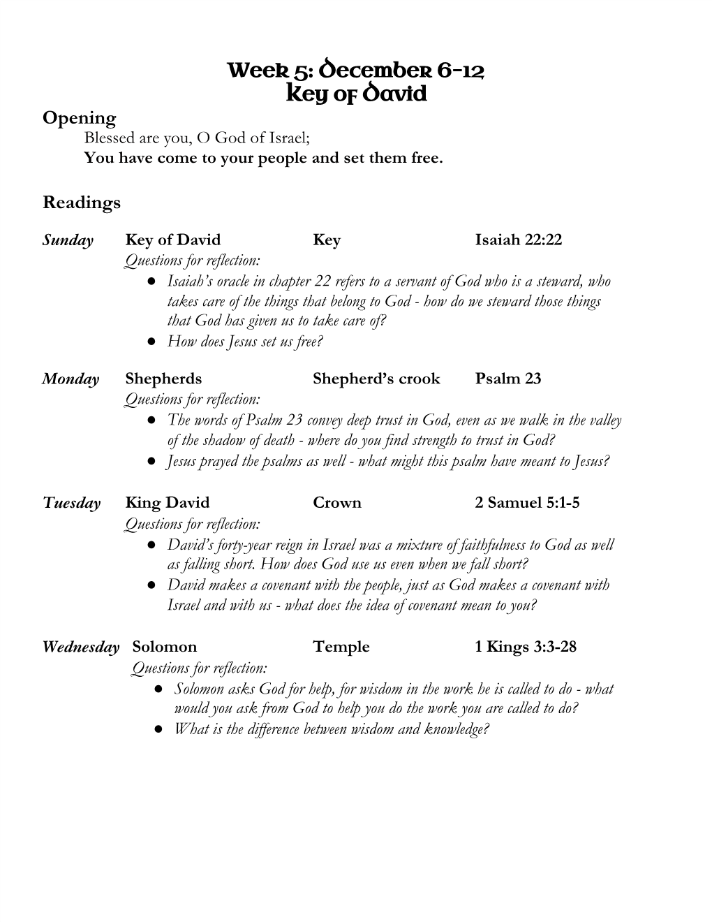 Week 5: December 6–12 Key of David Opening Readings