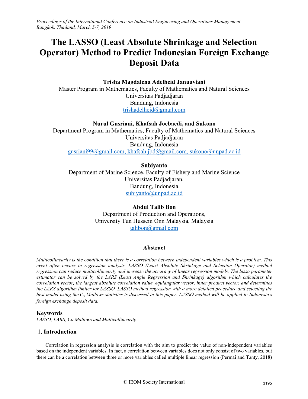 The LASSO (Least Absolute Shrinkage and Selection Operator) Method to Predict Indonesian Foreign Exchange Deposit Data