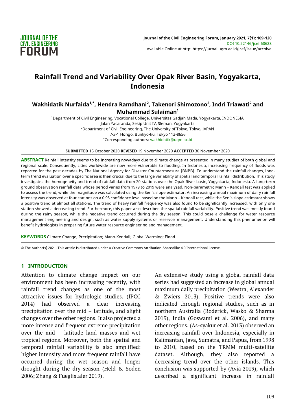 Rainfall Trend and Variability Over Opak River Basin, Yogyakarta, Indonesia