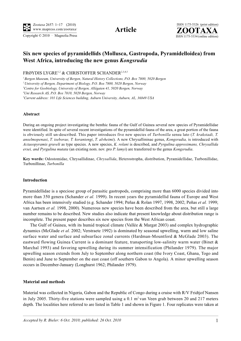 Zootaxa 2657: 1–17 (2010) ISSN 1175-5326 (Print Edition) Article ZOOTAXA Copyright © 2010 · Magnolia Press ISSN 1175-5334 (Online Edition)