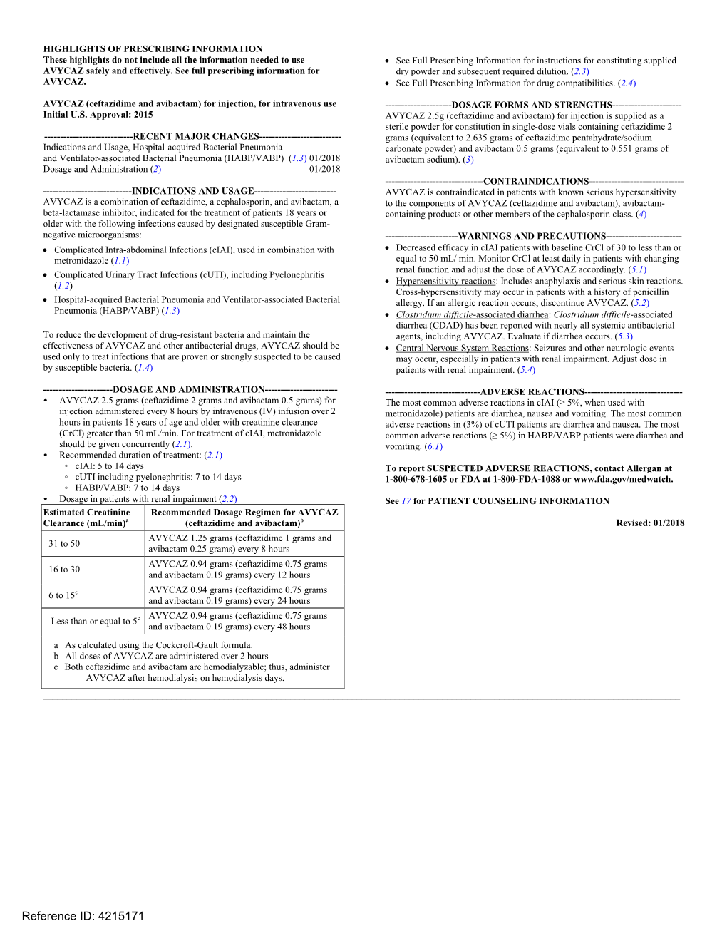 Ceftazidime and Avibactam) for Injection, for Intravenous Use ------DOSAGE FORMS and STRENGTHS------Initial U.S