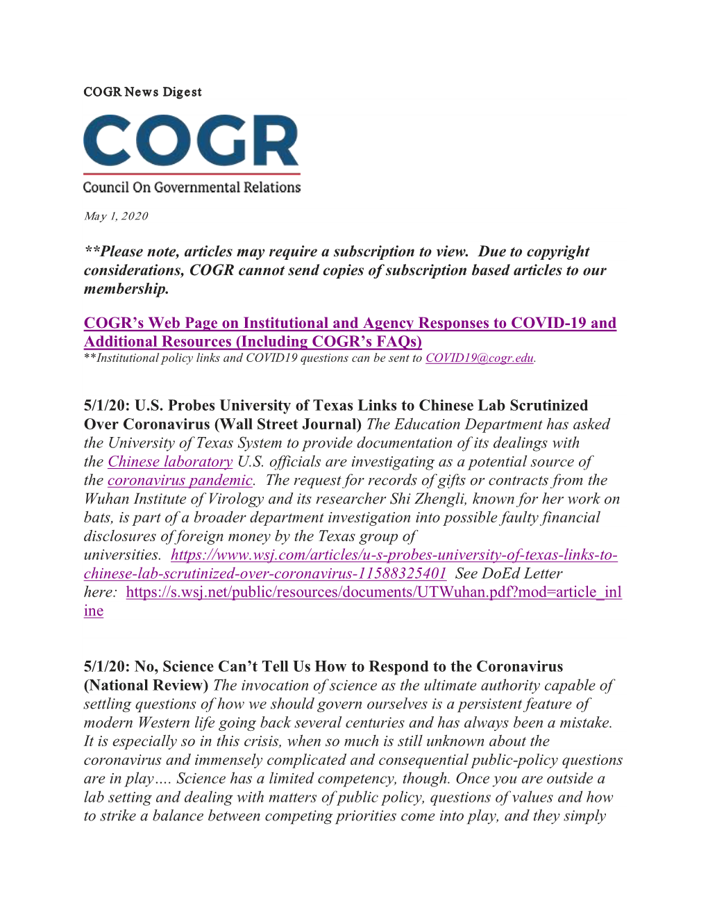 COGR News Digest