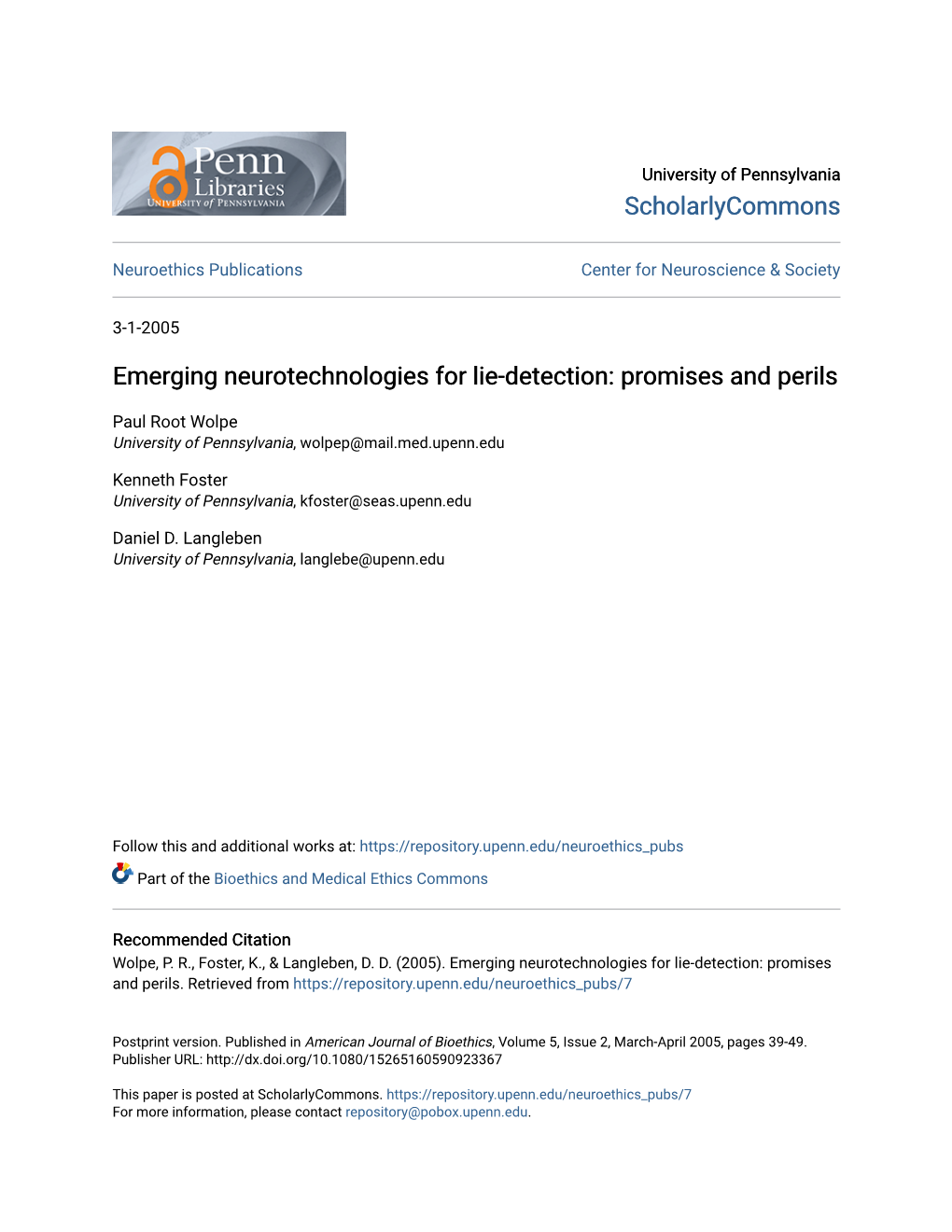 Emerging Neurotechnologies for Lie-Detection: Promises and Perils