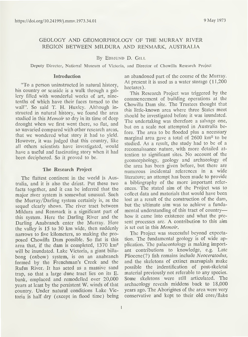 Geology and Geomorphology of the Murray River Region Between Mildura and Renmark, Australia