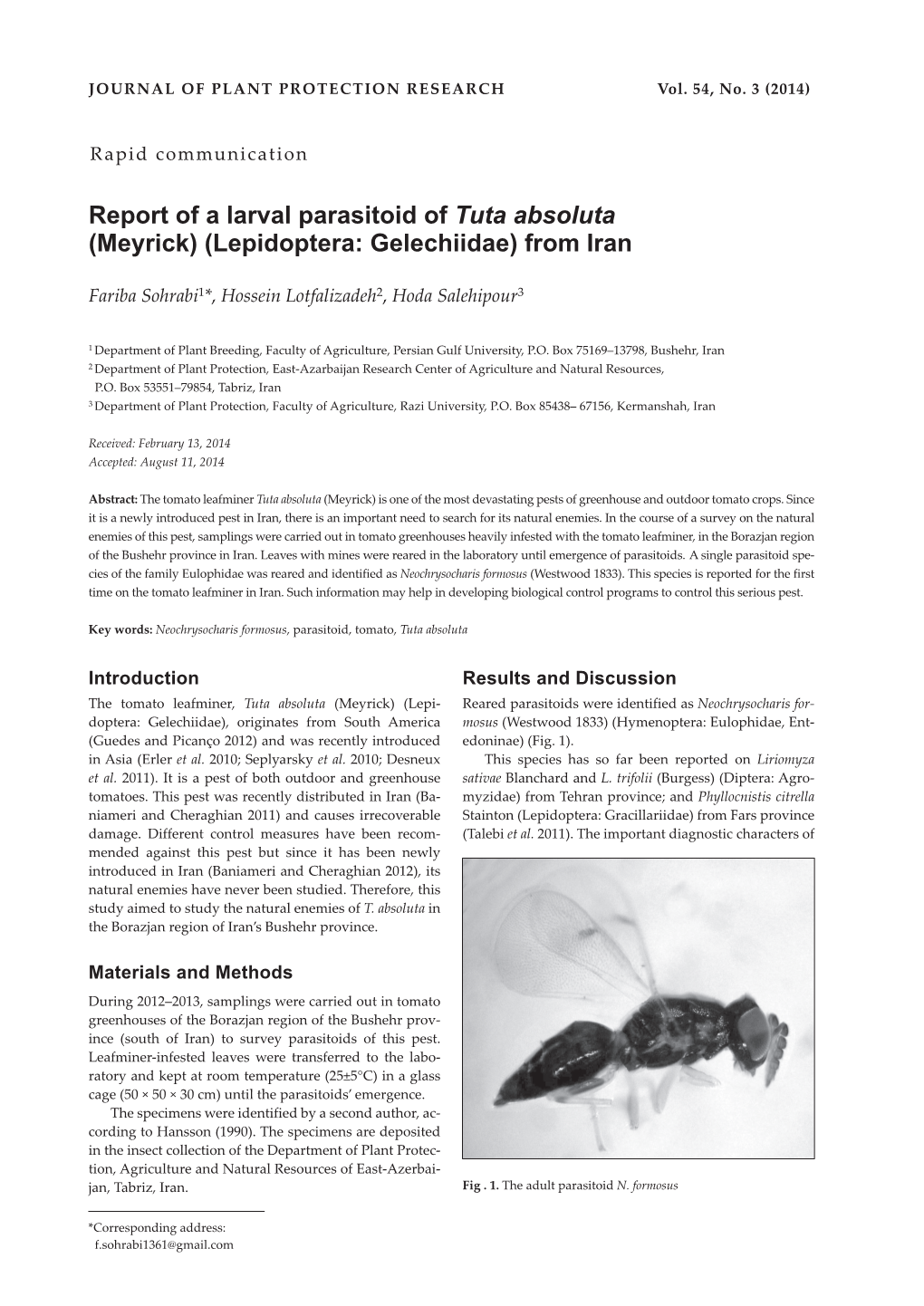 Report of a Larval Parasitoid of Tuta Absoluta (Meyrick) (Lepidoptera: Gelechiidae) from Iran