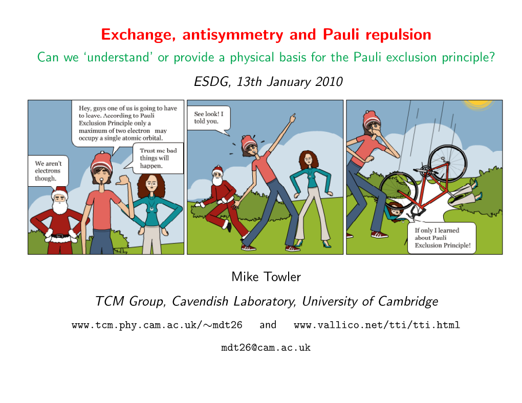 Exchange, Antisymmetry and Pauli Repulsion Can We ‘Understand’ Or Provide a Physical Basis for the Pauli Exclusion Principle? ESDG, 13Th January 2010