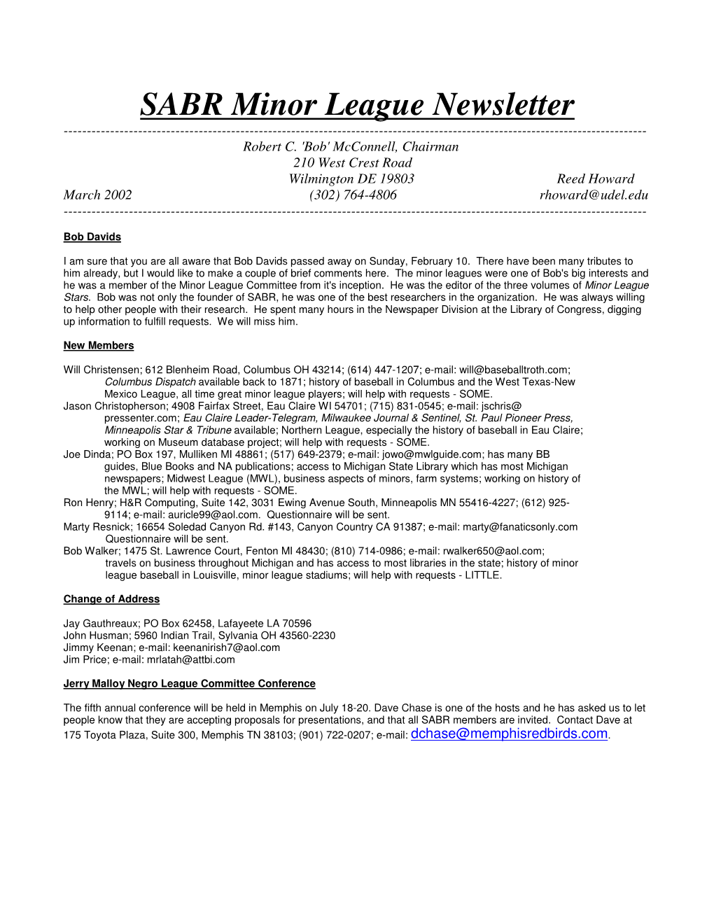 SABR Minor League Newsletter ------Robert C